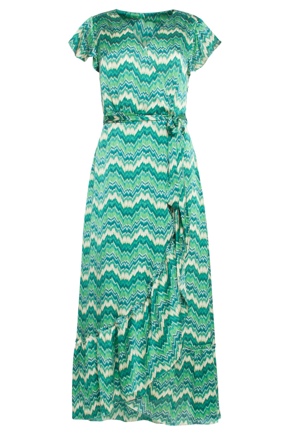 Satin Sommerkjole med Abstrakt Print | Hvid-Grøn
