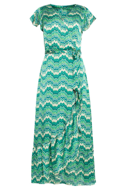 Satin Sommerkjole med Abstrakt Print | Hvid-Grøn