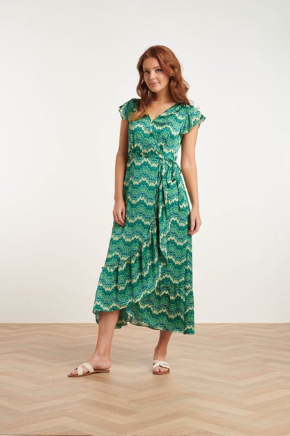 Satin Sommerkjole med Abstrakt Print | Hvid-Grøn