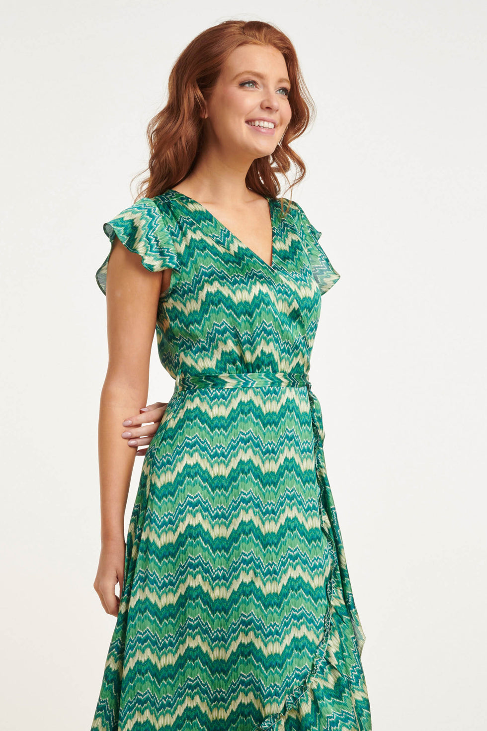 Satin Sommerkjole med Abstrakt Print | Hvid-Grøn