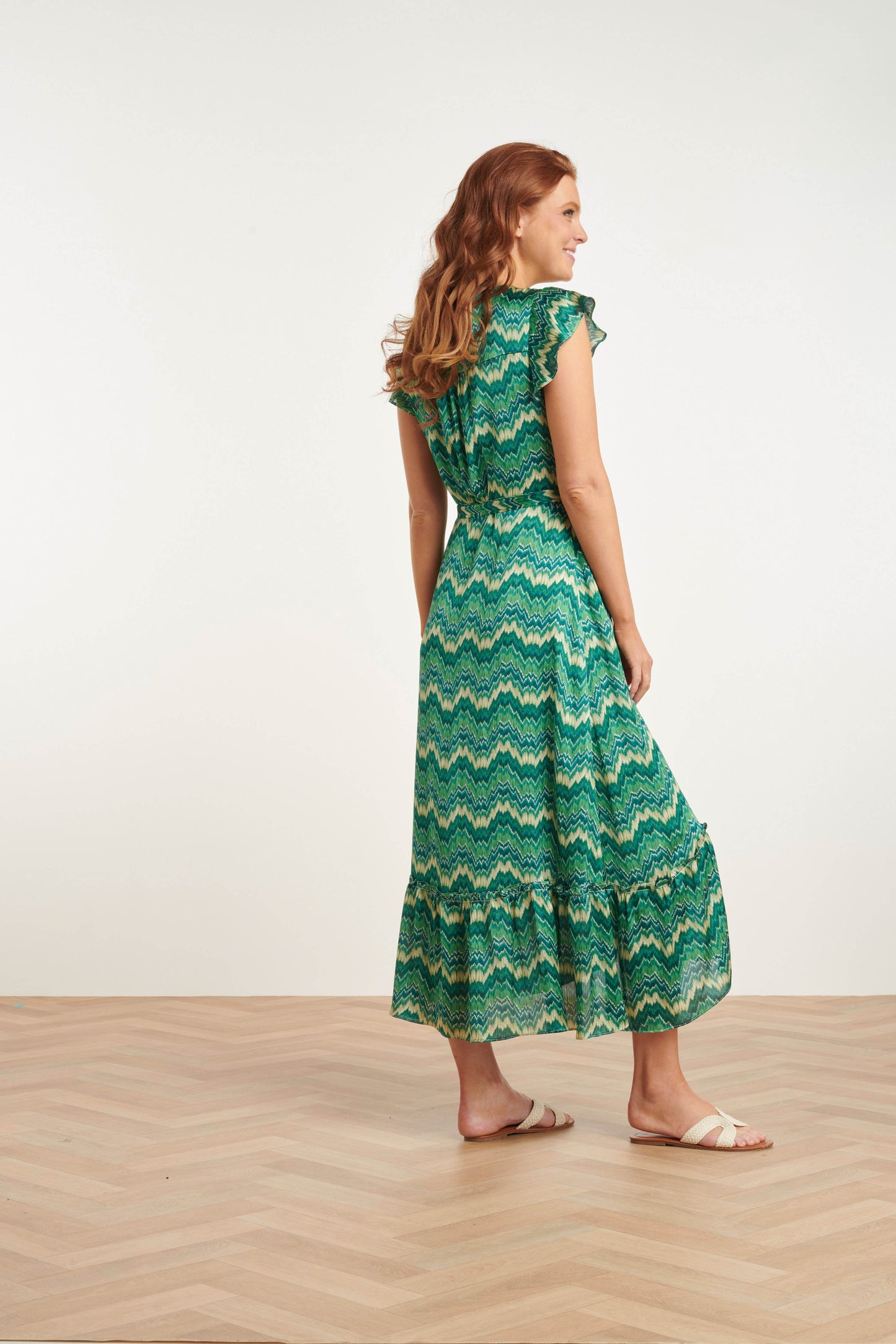 Satin Sommerkjole med Abstrakt Print | Hvid-Grøn