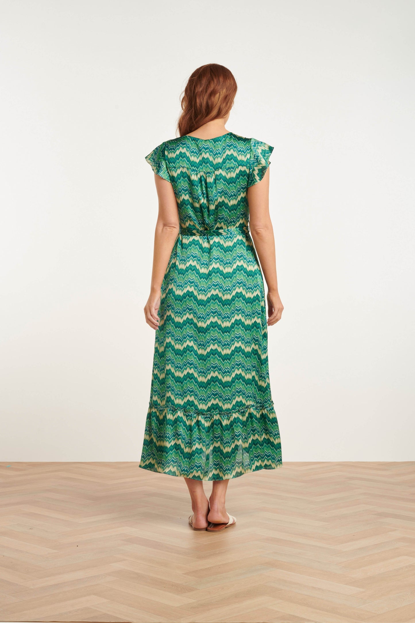 Satin Sommerkjole med Abstrakt Print | Hvid-Grøn