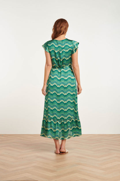 Satin Sommerkjole med Abstrakt Print | Hvid-Grøn