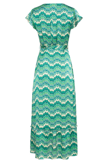 Satin Sommerkjole med Abstrakt Print | Hvid-Grøn