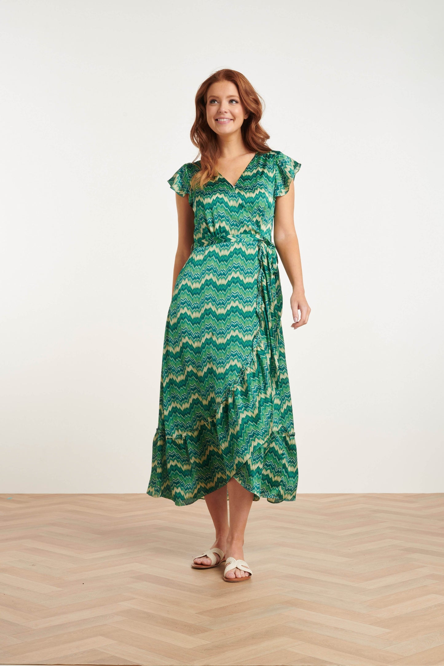 Satin Sommerkjole med Abstrakt Print | Hvid-Grøn