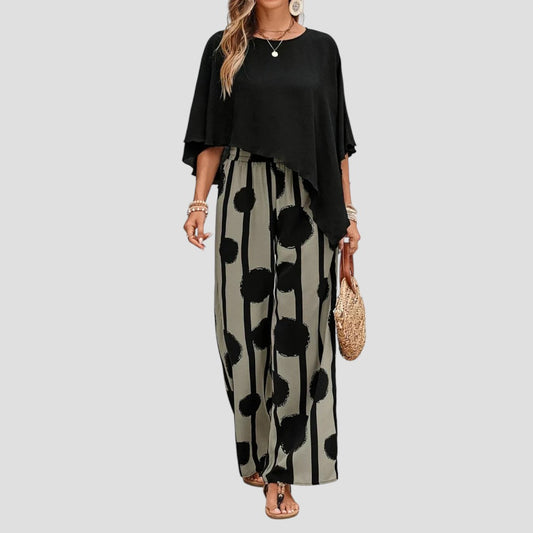 Milavie | Moderigtigt sæt til kvinder med asymmetrisk top og mønstrede bukser